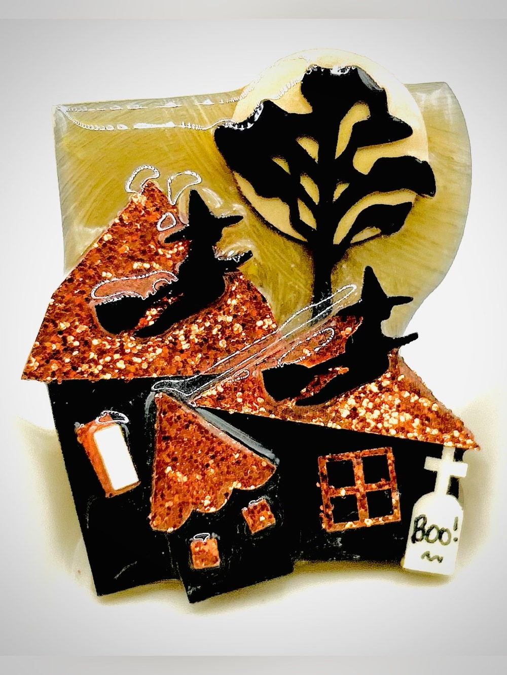 RARE Halloween Lucinda Flying Witch Haunted House Graveyard Tombstone Pin Brooch